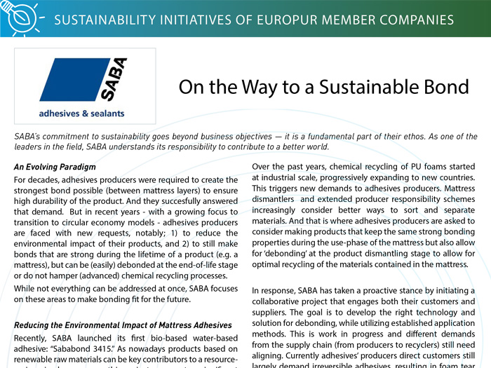 EUROPUR 刊载了关于 SABA 促进粘合剂行业可持续发展的文章