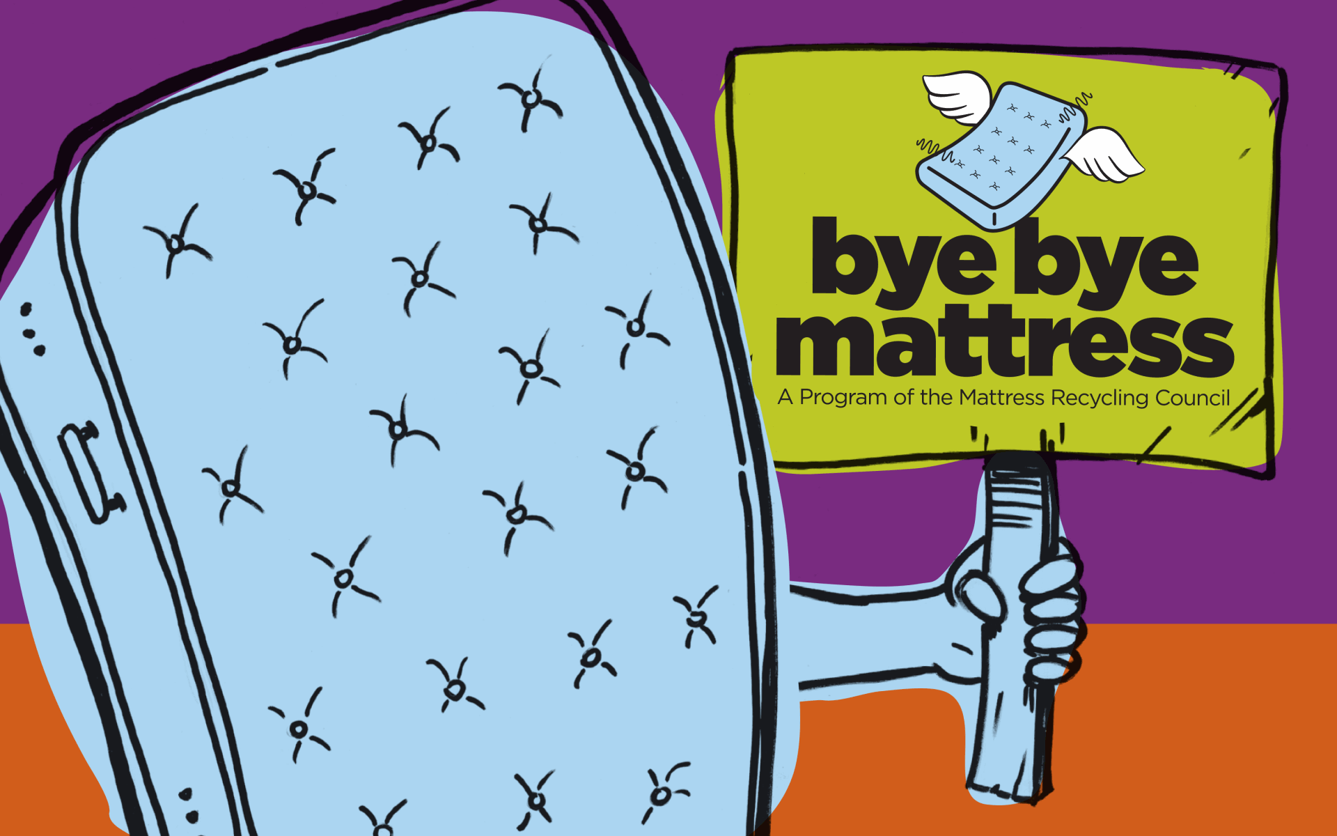 Animatie van matras die bordje vasthoudt met tekst: bye bye mattress